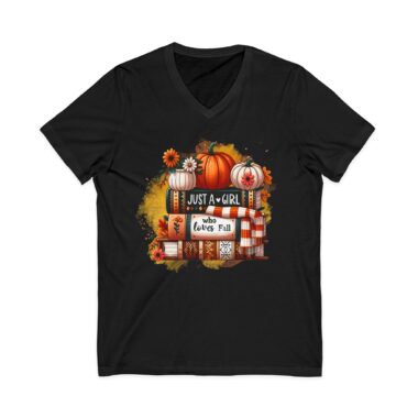 Fall Pumpkin Stack V-Neck Tee — "Just a Girl Who Loves Fall"