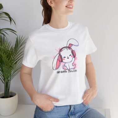 Cute Bunny Headphones T‑Shirt — "Hip Hoppin' Thru Life" Graphic Tee