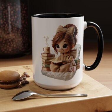 Cozy Booklover Accent Coffee Mug — Cute Reading Girl Design